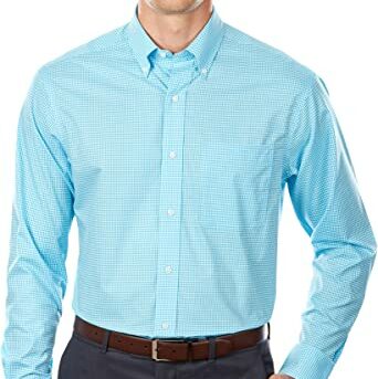 Aqua color Tommy Hilfiger men's dress shirt with a grey pant and brown belt