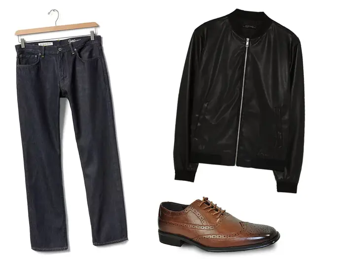 Zara faux leather bomber jacket. Bravo men's Milano-1 wing tip oxford. Gap men's jeans in straight fit.